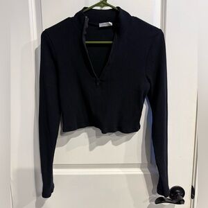 Black Ribbed cropped Long Sleeve Top with zipper